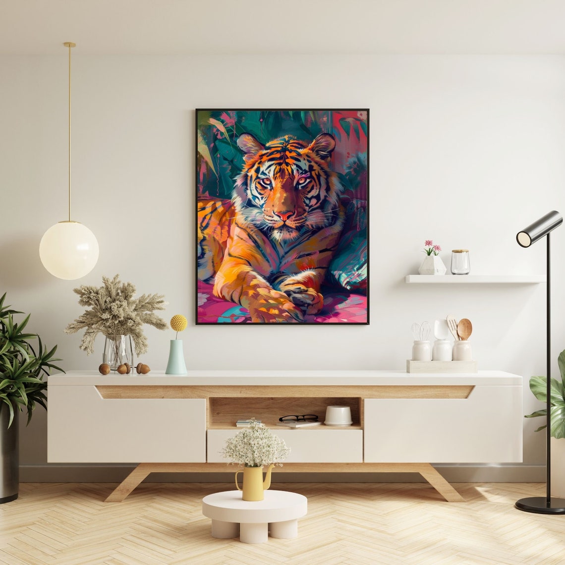Majestic Resting Tiger Portrait in Bright Pink Teal Jungle Poster - Image 4
