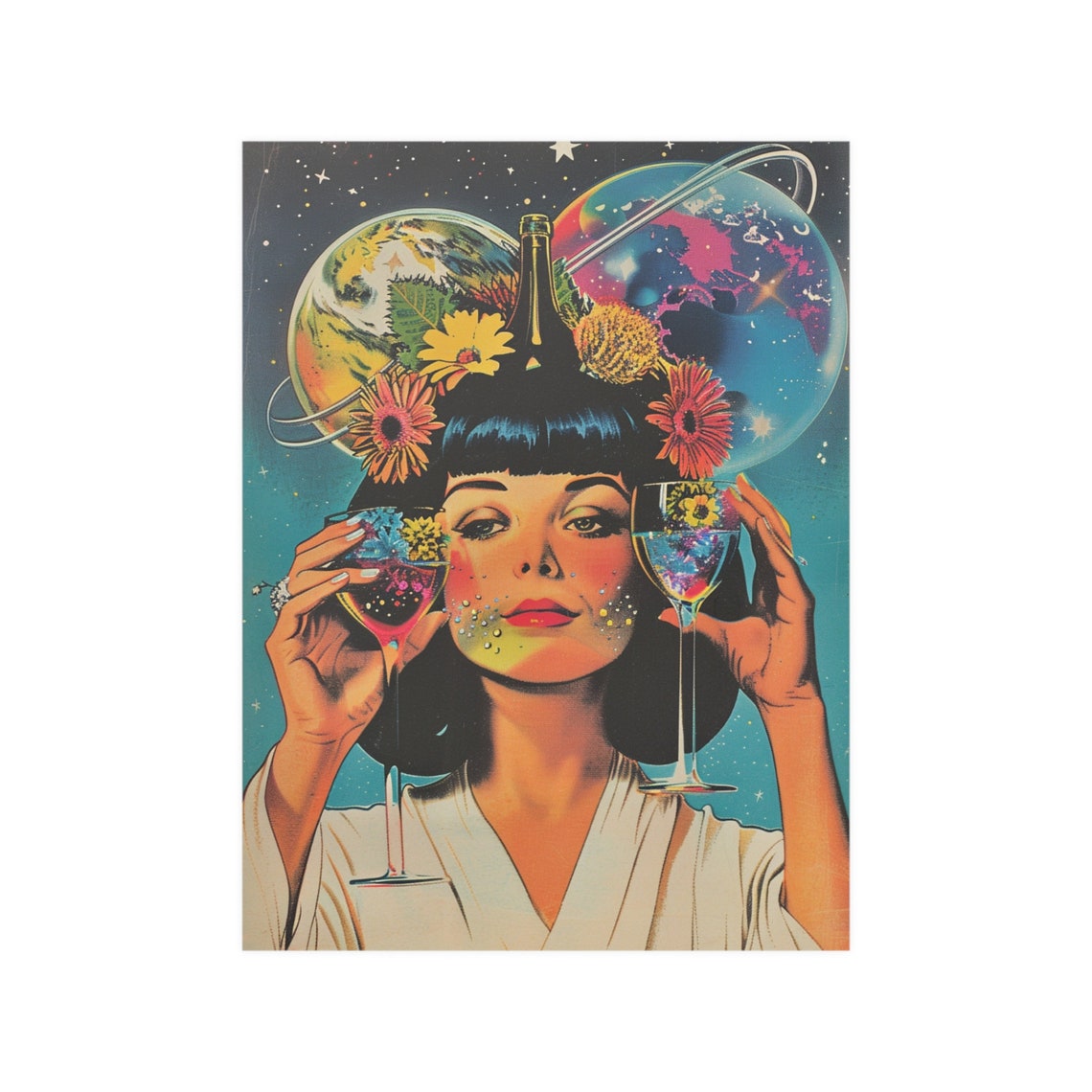 Retro Wine Woman Poster With Two Glasses Flowers And Planets - Image 2