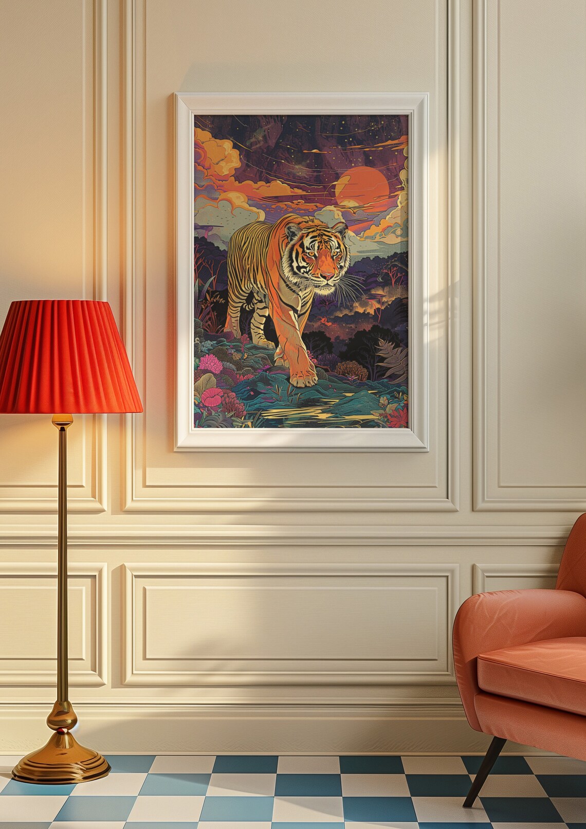 Majestic Tiger Walking Through Flowers at a Fiery Sunset Poster - Image 6