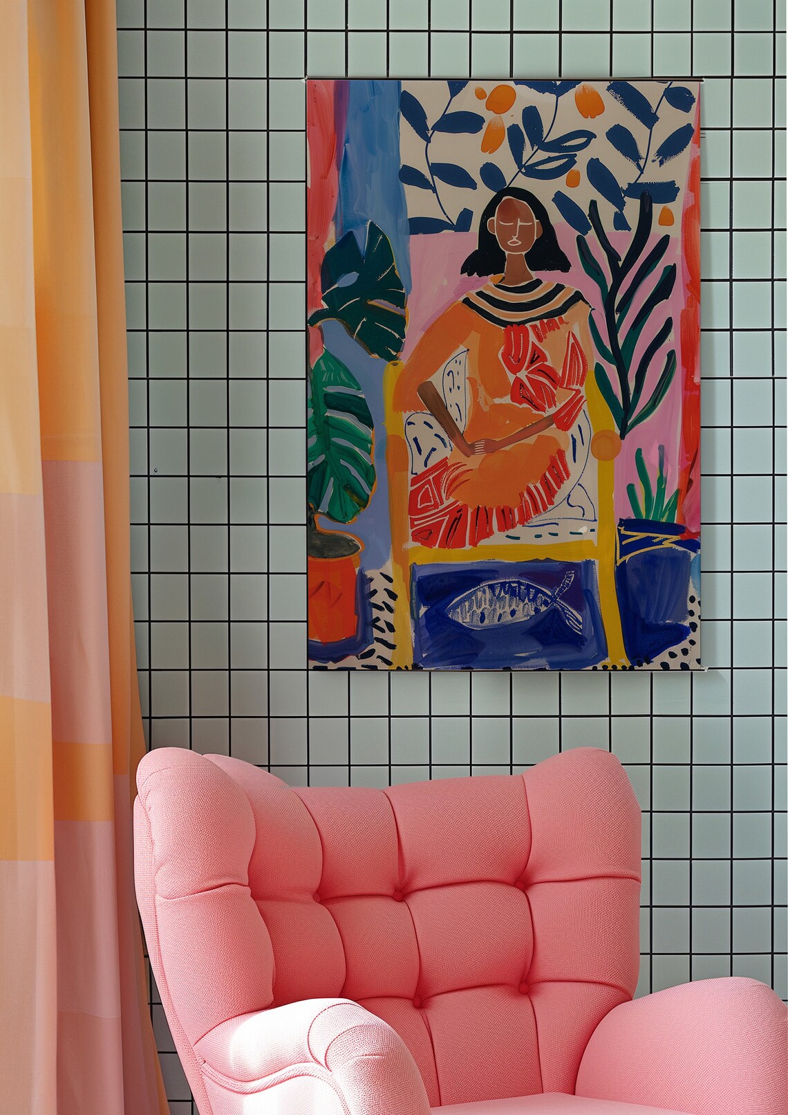 Seated Woman in Orange Dress With Plants Folk Art Portrait Poster - Image 6