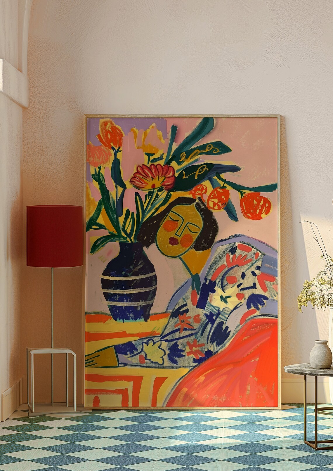 Resting Woman by Blue Vase With Red Orange Flowers Still Life Poster - Image 6