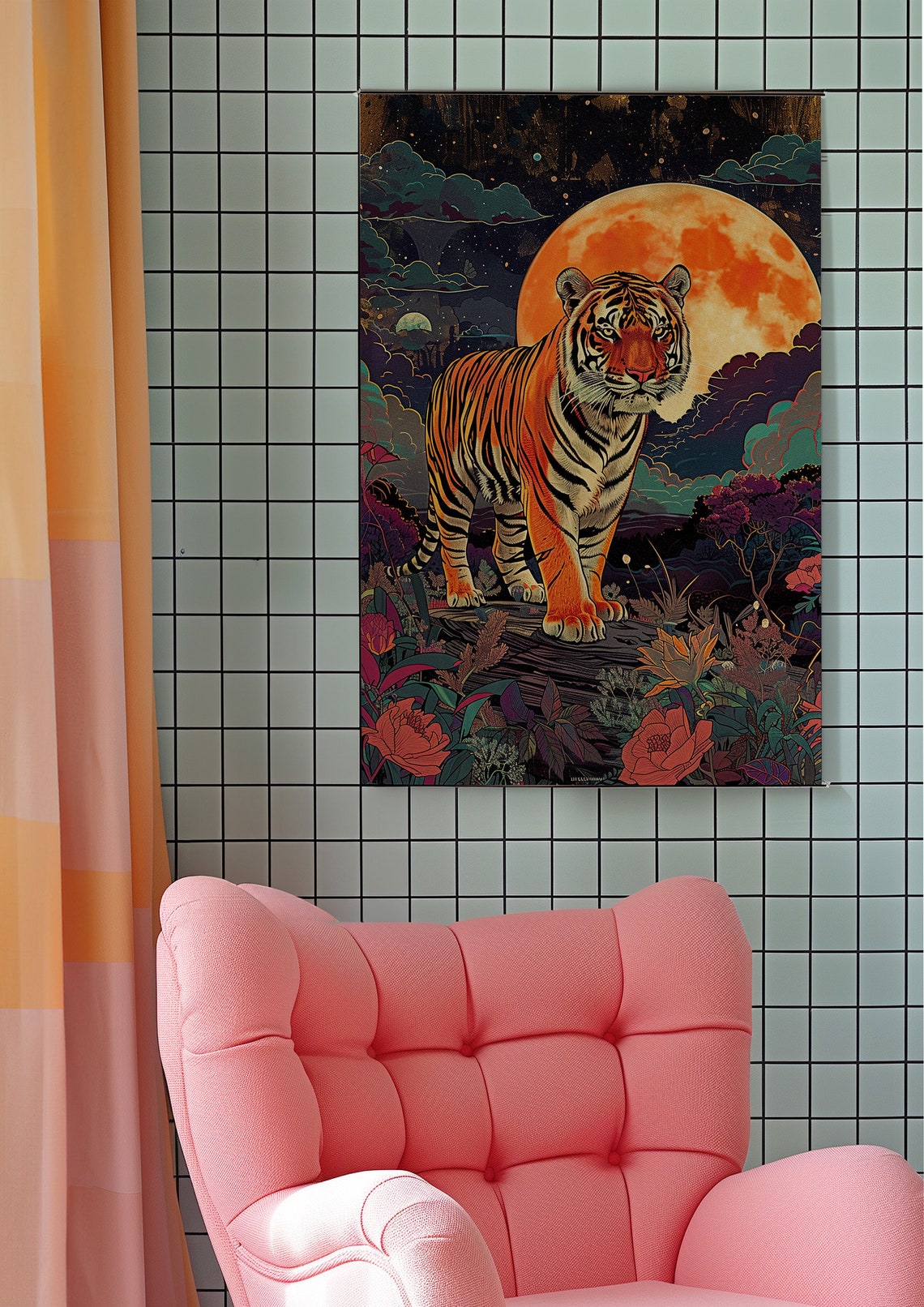 Tiger Standing Under Giant Moon Poster In Night Jungle Garden - Image 3