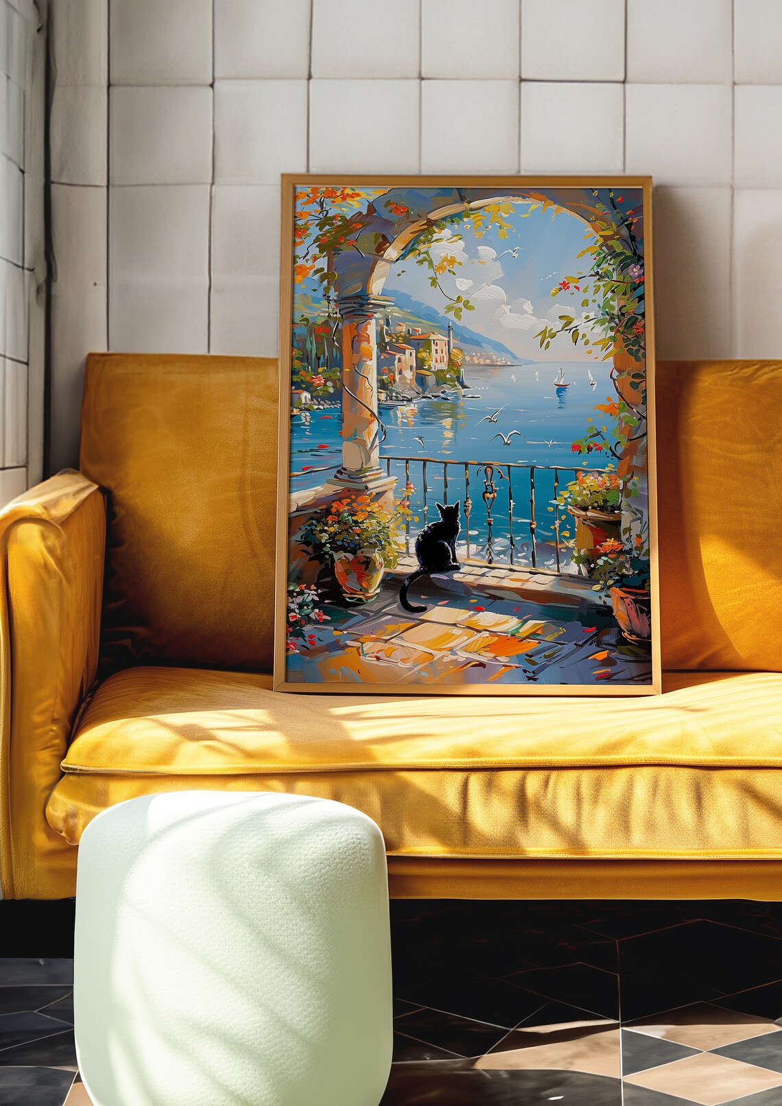 Black Cat Sitting on a Sunny Terrace Overlooking the Blue Sea Poster - Image 7