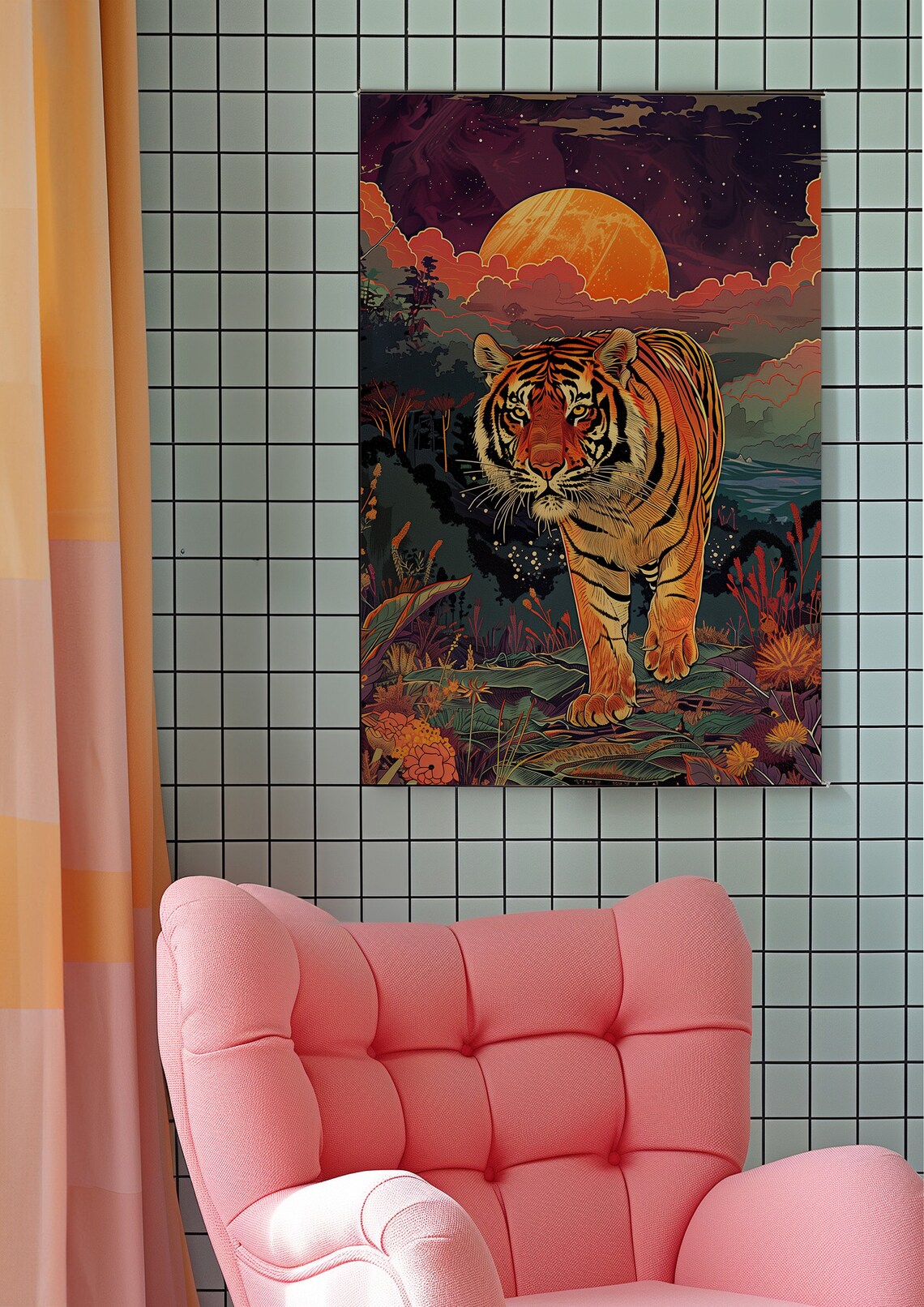 Tiger Walking Through Jungle At Sunset Poster With Golden Sun - Image 7