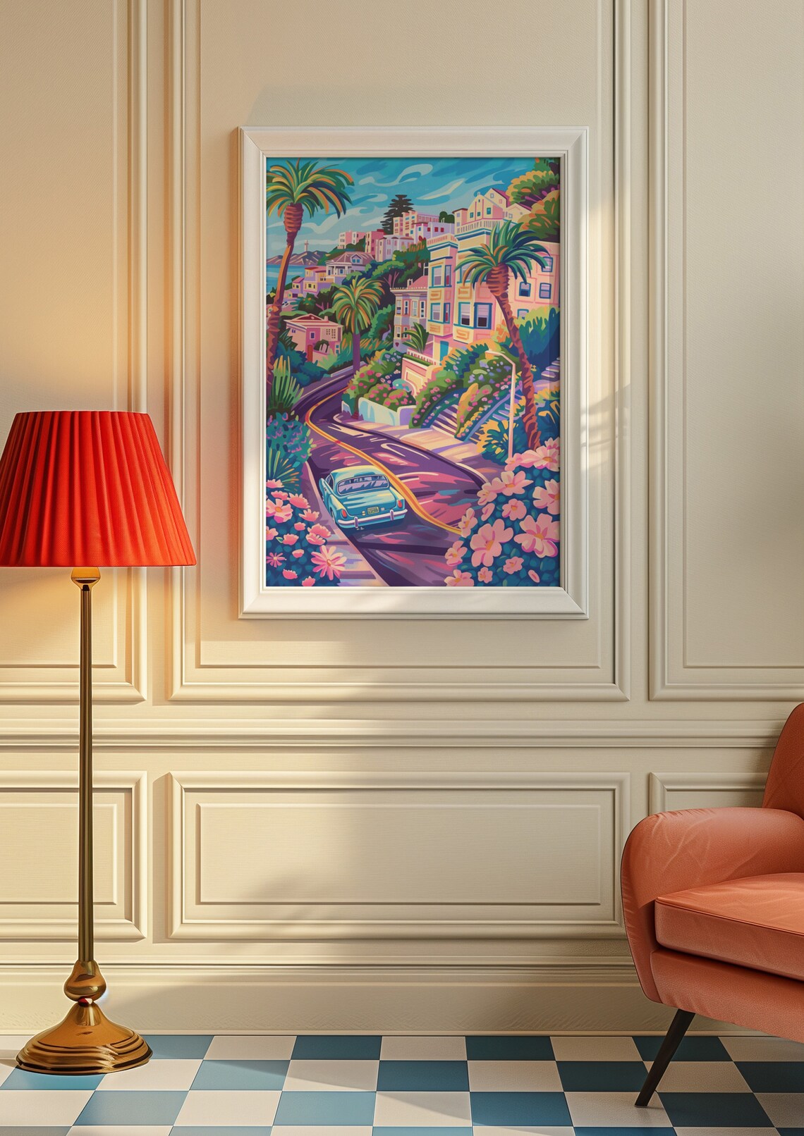 San Francisco Winding Hill Road Classic Teal Car Floral Travel Poster - Image 7