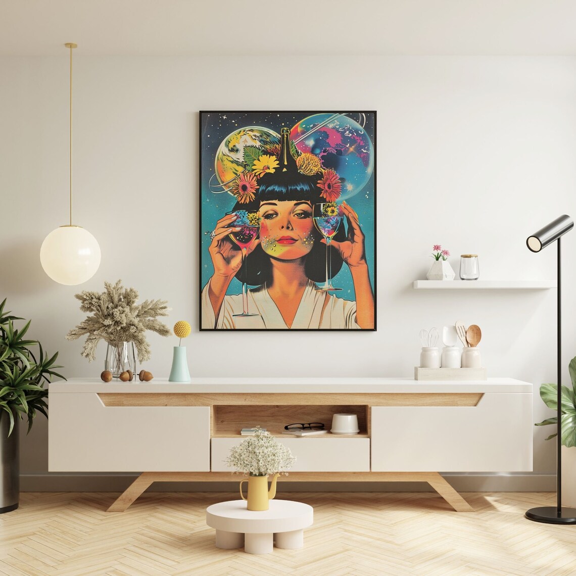 Cosmic Wine Woman Retro Futurism Planets Teal Surreal Bar Poster - Image 7