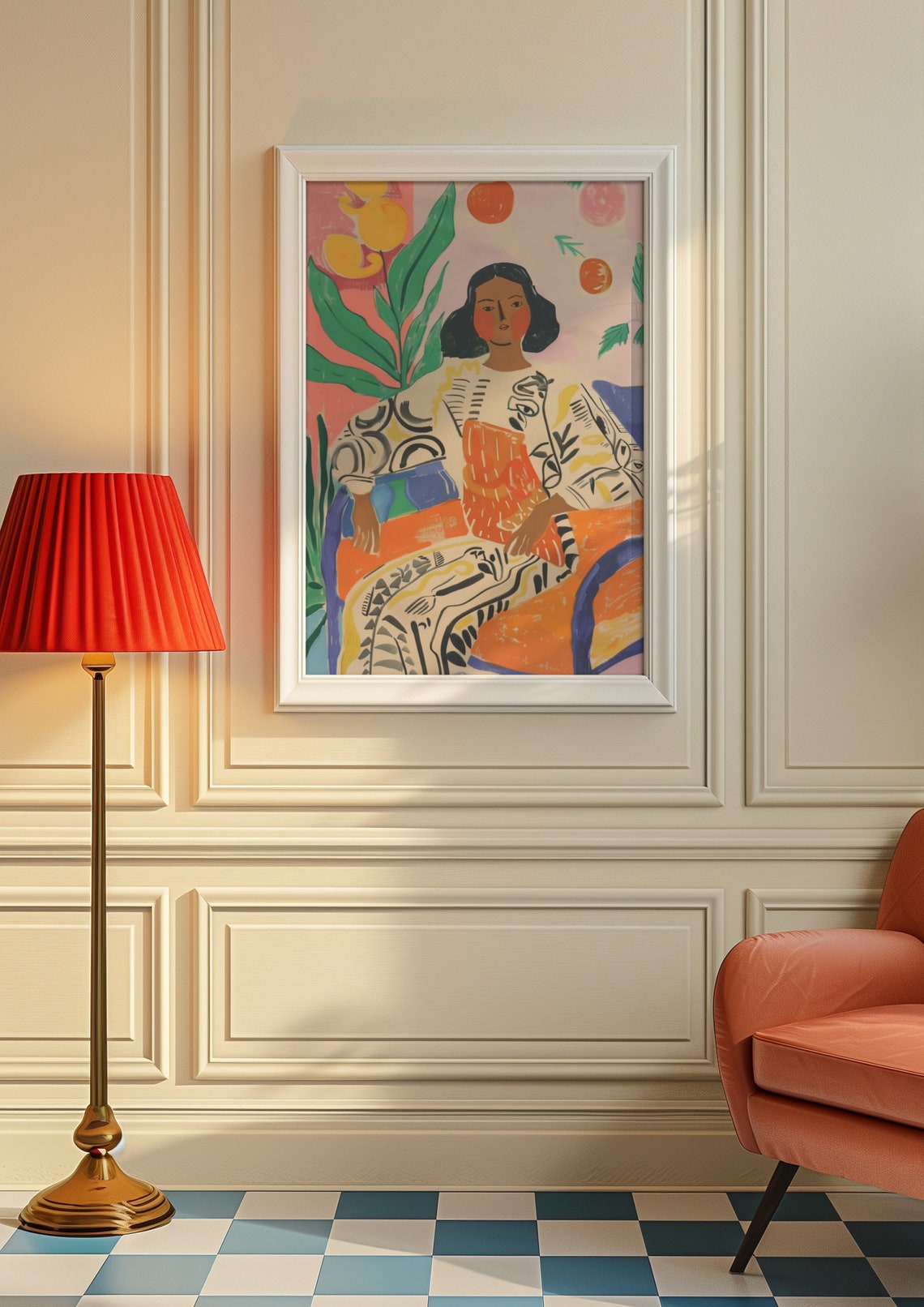 Serene Woman in Patterned Robe Beneath Citrus Fruit Trees Poster - Image 8