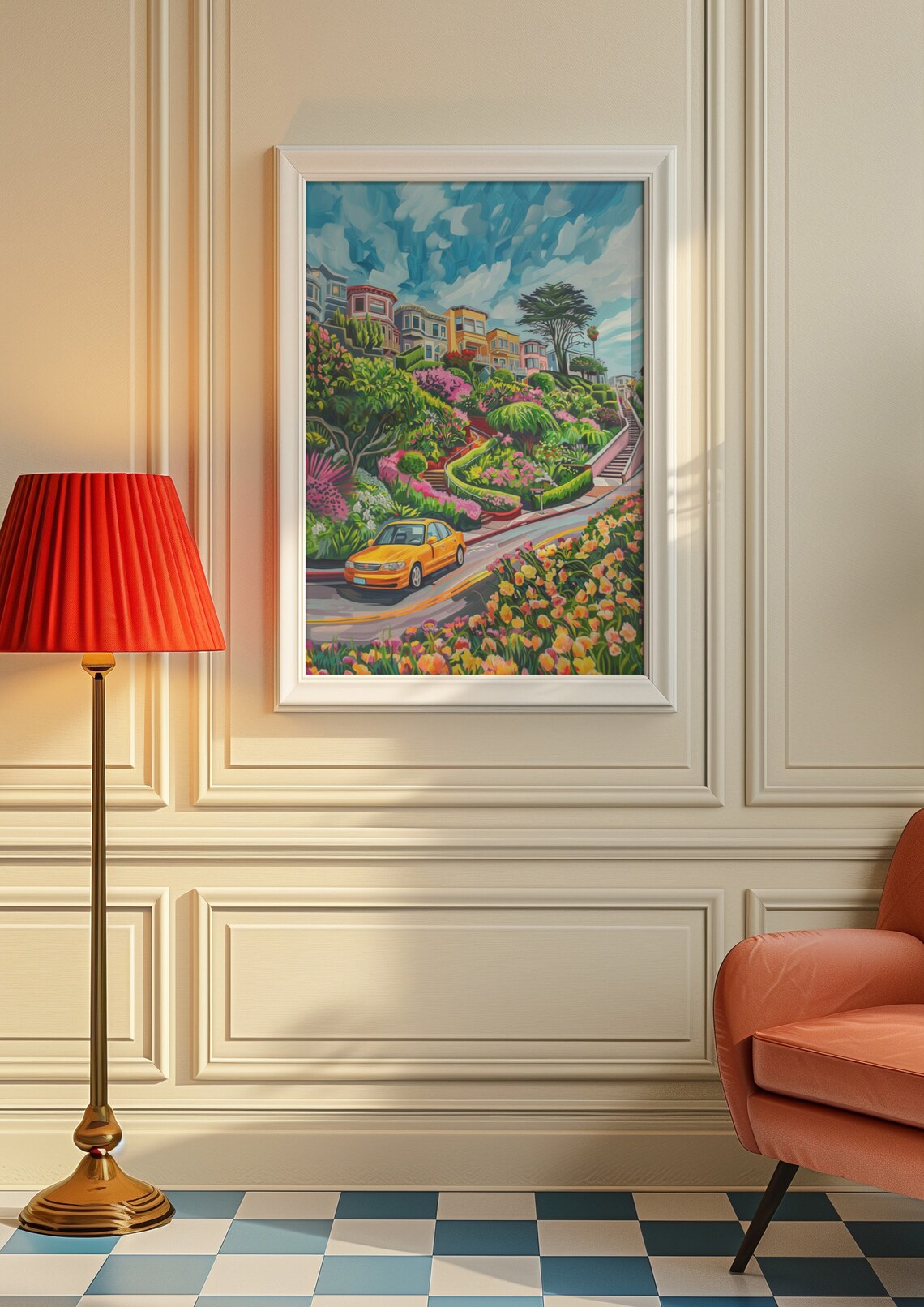 Colorful Winding Hillside City Street with a Yellow Taxi Poster - Image 8