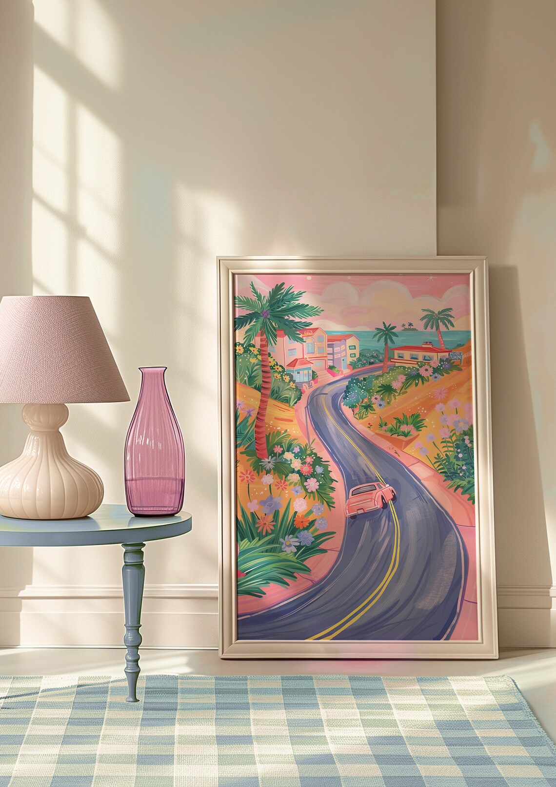 Coastal Road Drive Pink Vintage Car Palm Trees Seaside Travel Poster - Image 4
