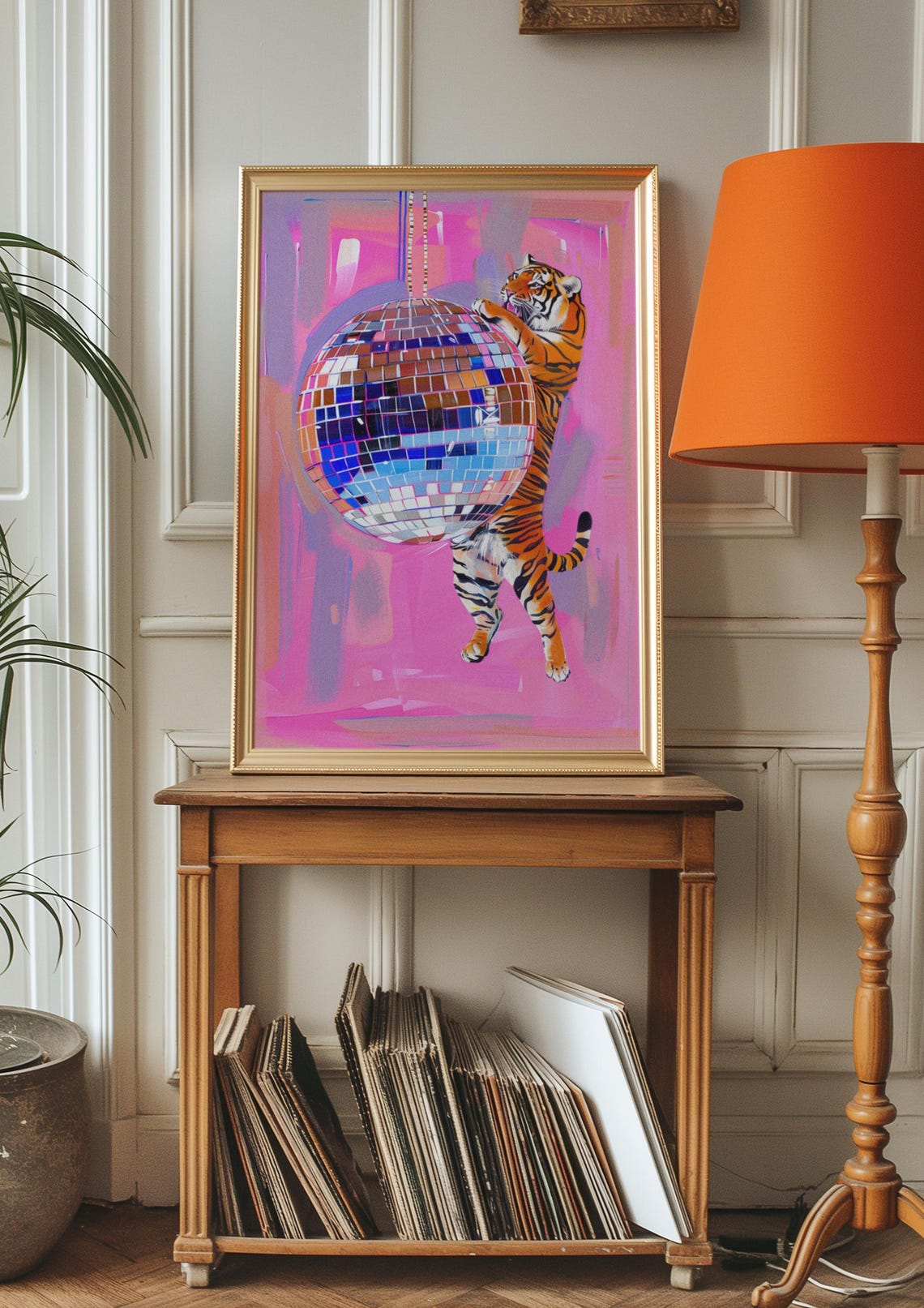 Tiger On Hanging Disco Ball Art Print Vibrant Pink Background Unique Modern Wall Decor Animal And Disco Theme Bold Home Decor - Image 2