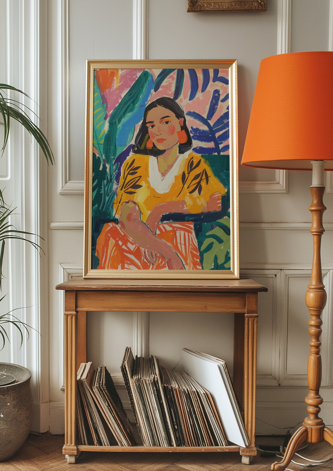 Vibrant Tropical Portrait of a Woman with Bold Green Leaves Poster - Image 3