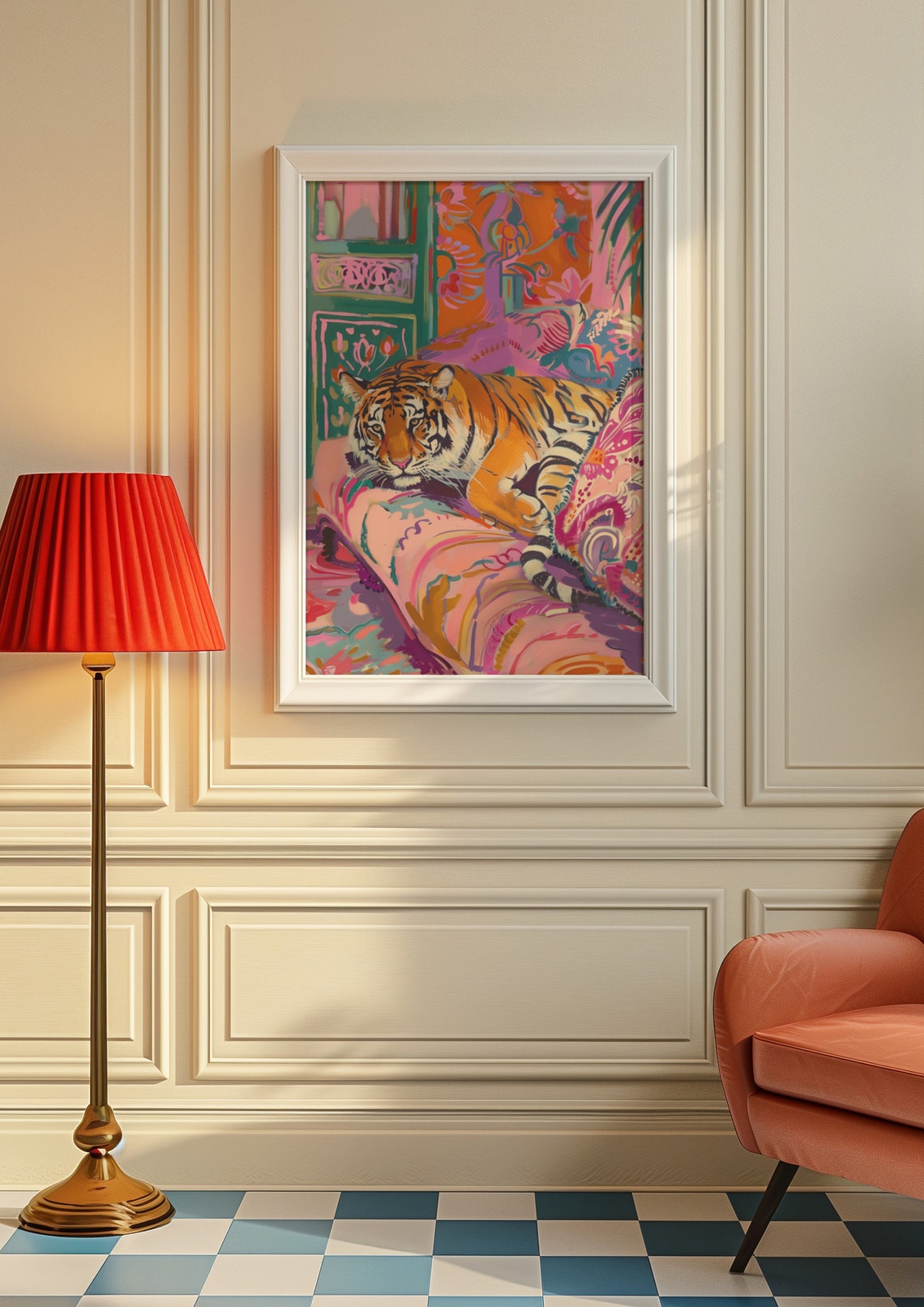 Relaxed Tiger Lounging on a Pink Patterned Armchair Art Poster - Image 6