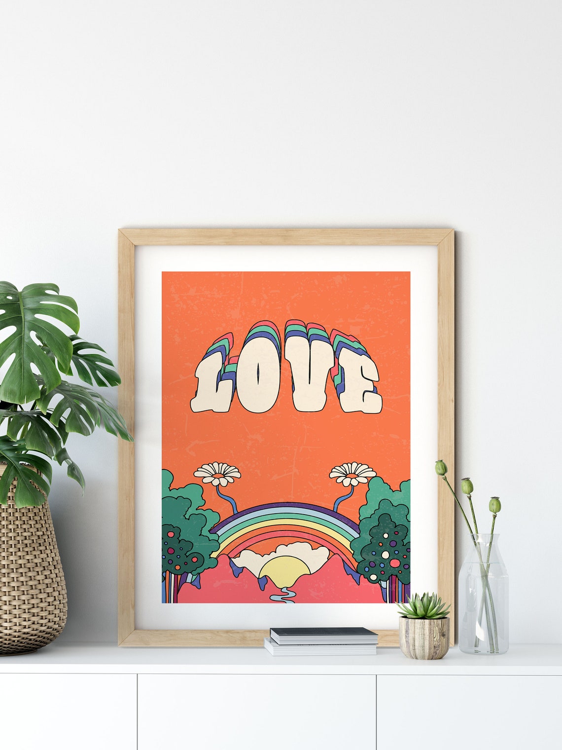 Love Bubble Letters Rainbow Landscape Retro Groovy Hippie Art Poster - Image 6