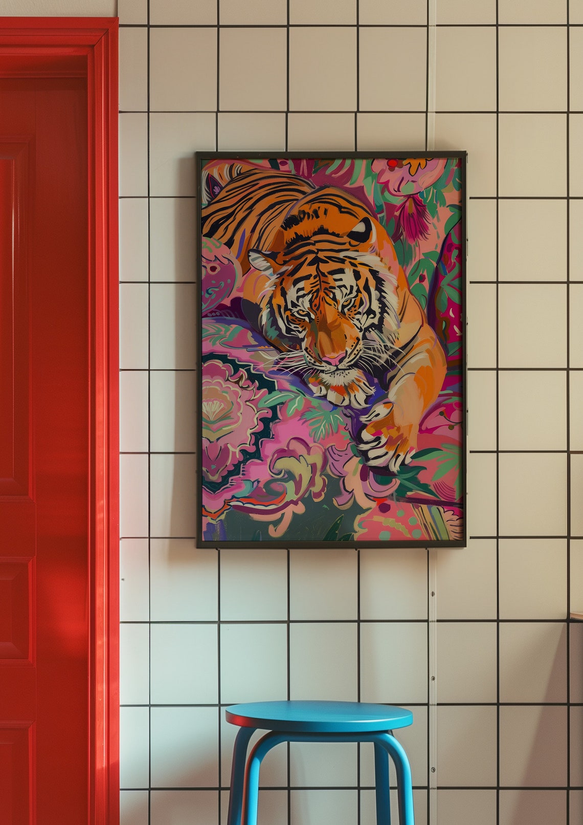 Orange Tiger Resting Among Pink Flowers Maximalist Art Print - Image 5