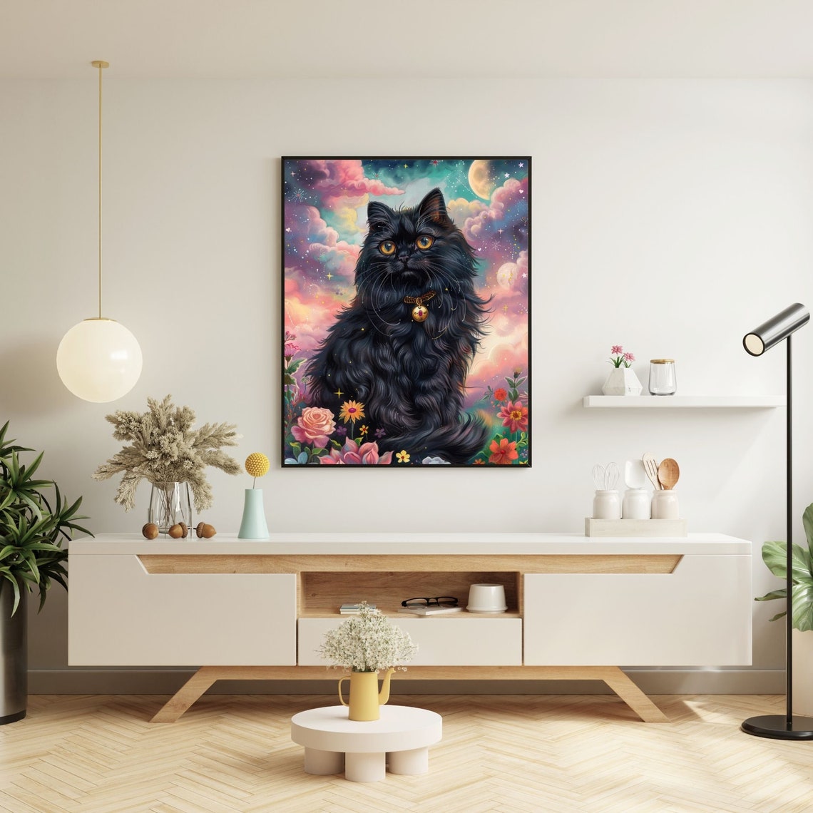Fluffy Black Cat Fantasy Poster With Golden Collar In Floral Sky - Image 8