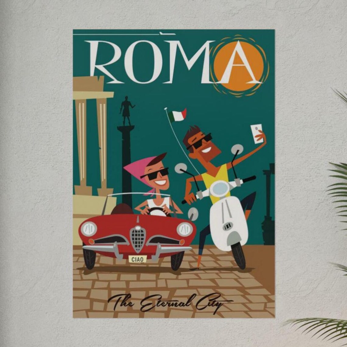 Roma The Eternal City Retro Car Selfie Vintage Travel Poster