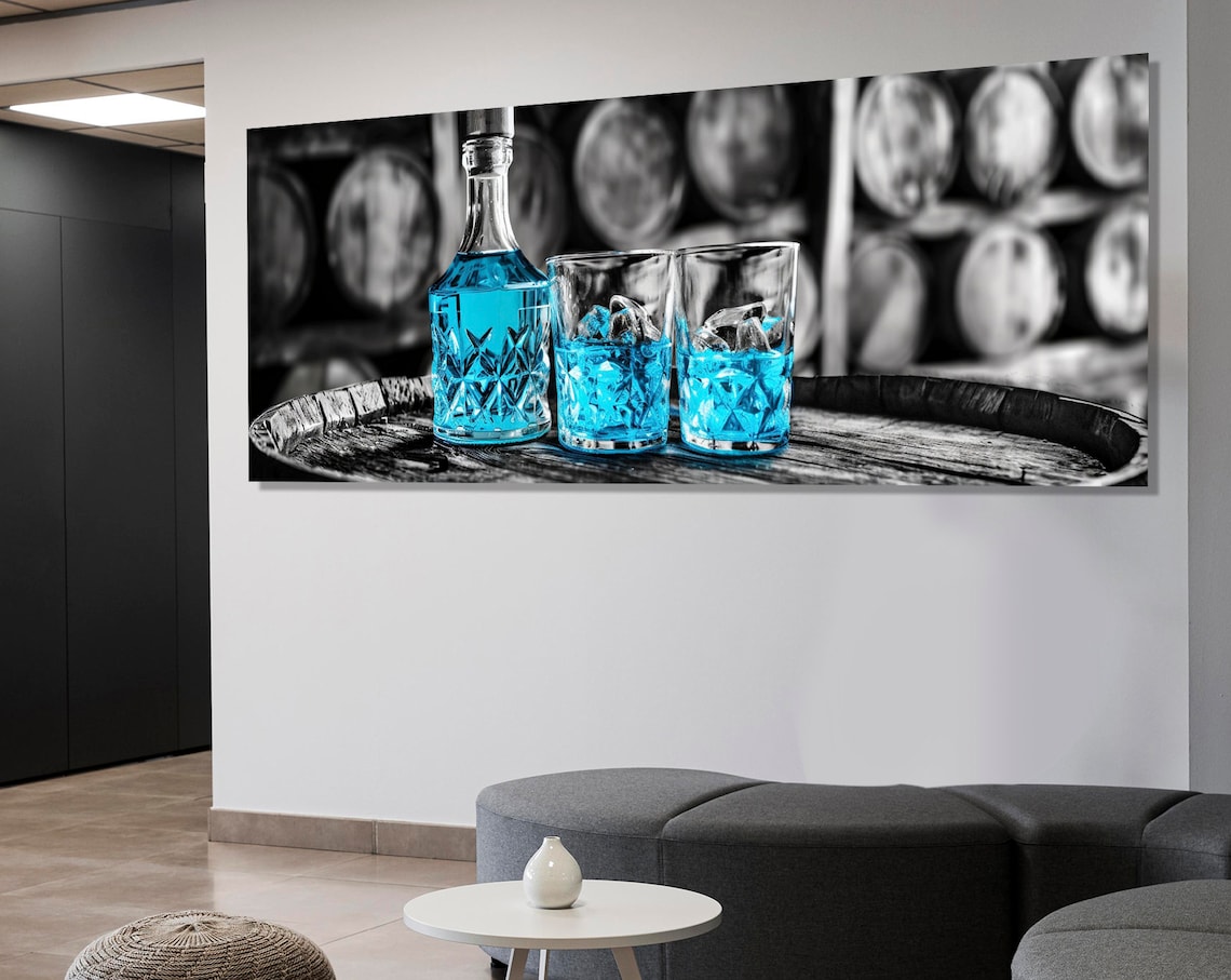 Blue Curacao Cocktail Bottle and Glasses on Barrel Bar Art Panoramic Wall Art Print