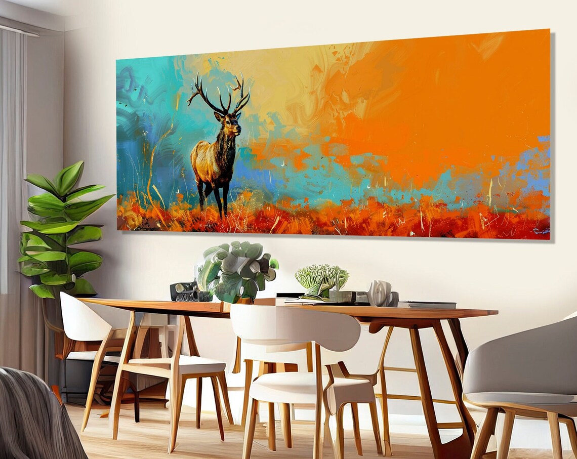 Elk Antlers Turquoise Orange Abstract Sky Wild Stag Painting Poster - Image 4