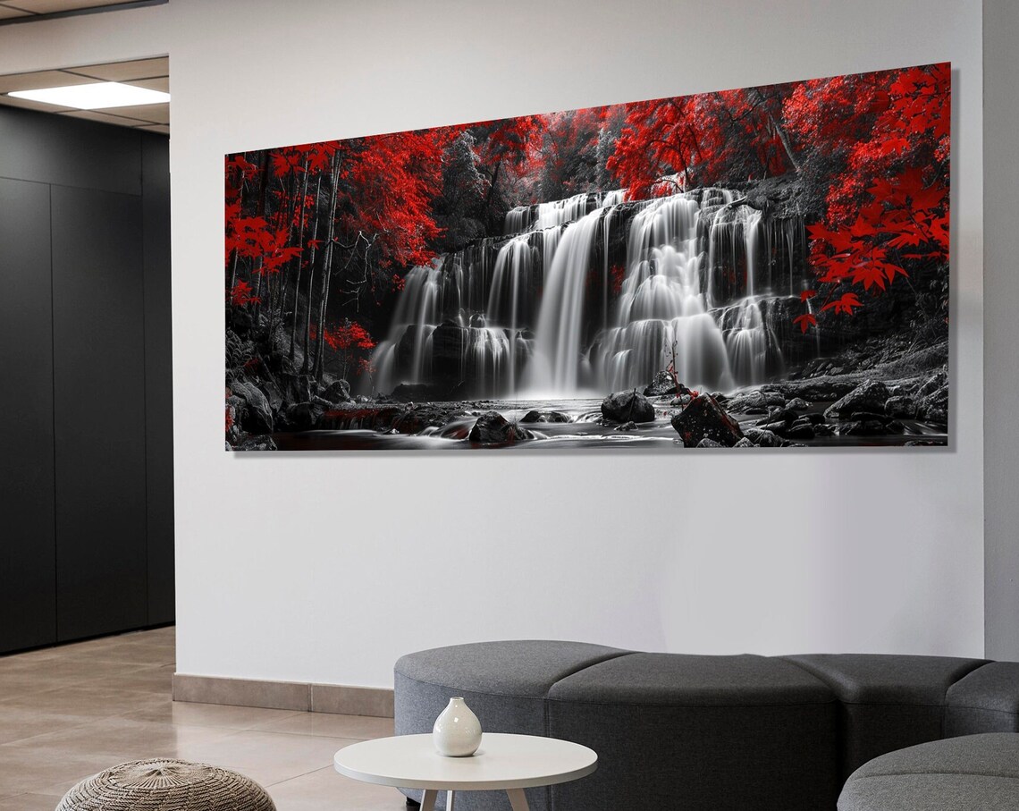 Abstract Black And White Waterfall in Red Forest Art Print