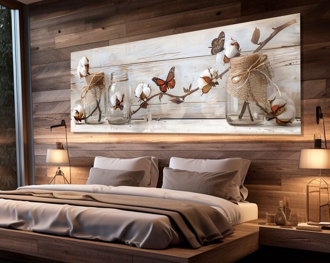 Cotton Stems In Glass Jars Farmhouse Floral Butterfly Wall Art