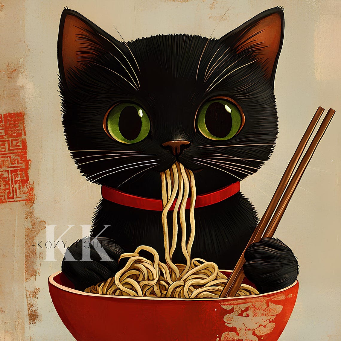 Cat Eating Ramen Black Cat Noodle Poster Japanese Inspired Wall Art Cute Kitchen Decor Unique Cat Lover Gift - Image 3