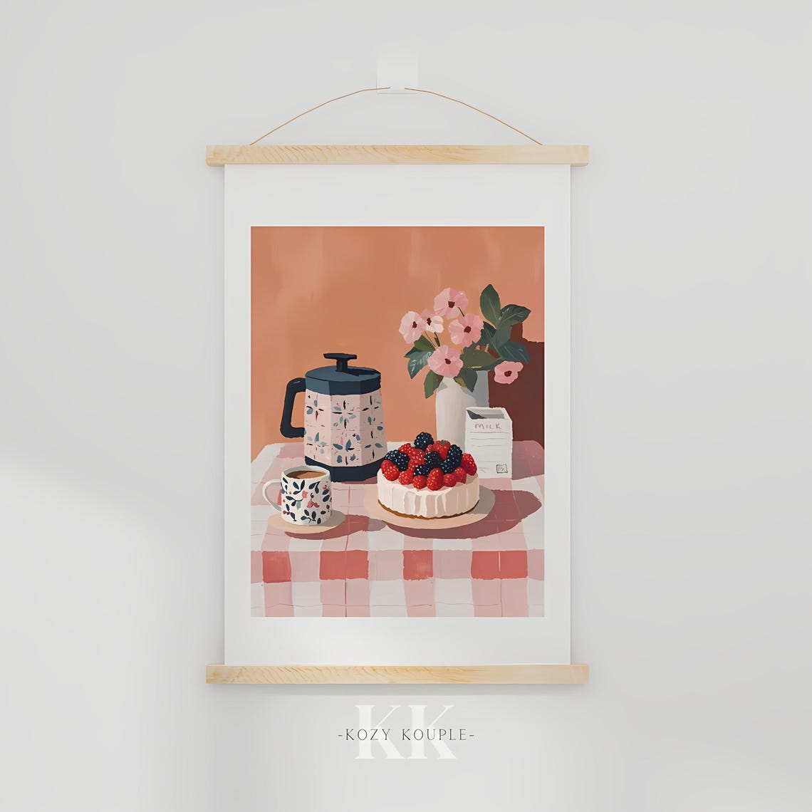 Coffee and Berry Cake Cozy Cafe Table Painting Still Life Wall Art - Image 2