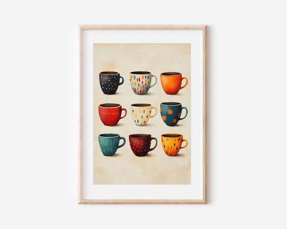 Coffee Mug Retro Kitchen Poster Vintage Kitchen Wall Art Coffee Art Rustic Kitchen Decor Colorful Mugs Print