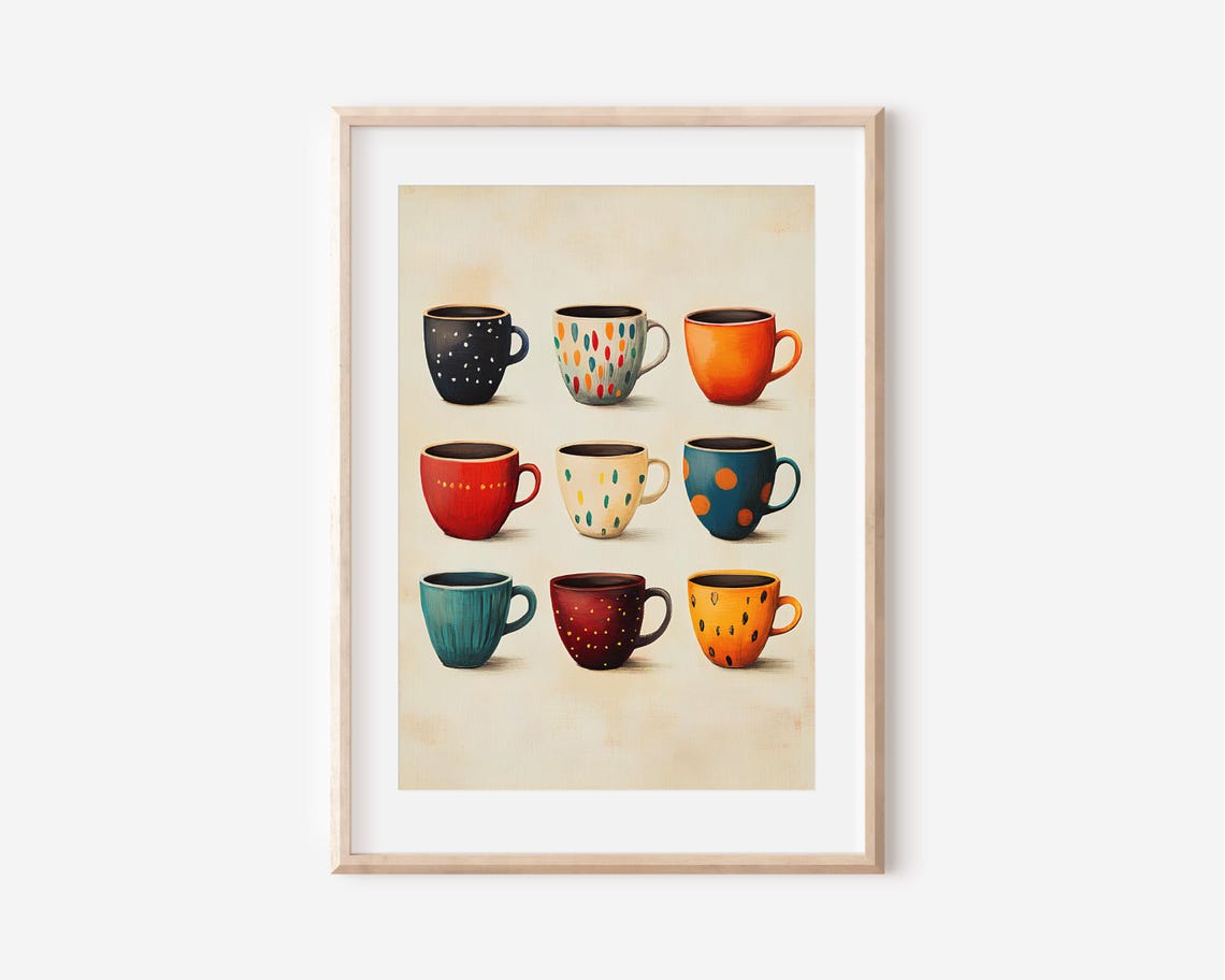 Nine Colorful Coffee Mugs Grid Retro Dotted Kitchen Wall Art