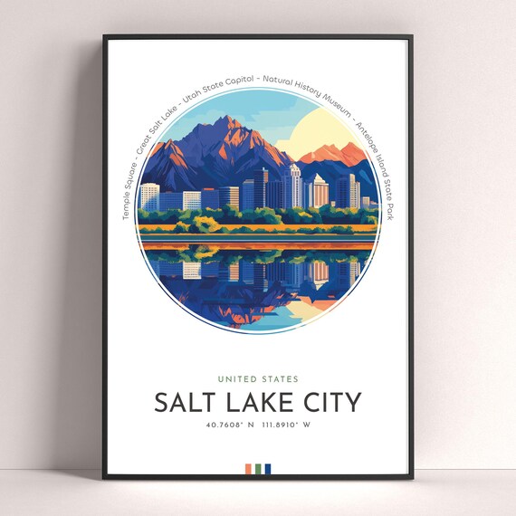 Salt Lake City Utah Mountains Skyline Reflection Travel Poster