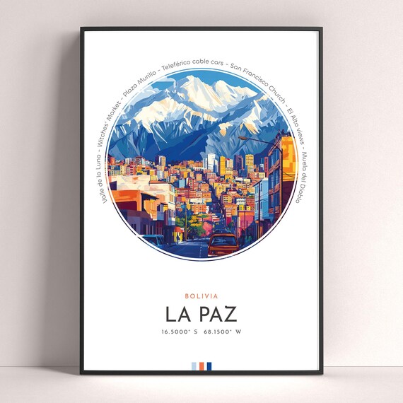 La Paz Bolivia Mountain City Street Snowy Peak View Travel Poster