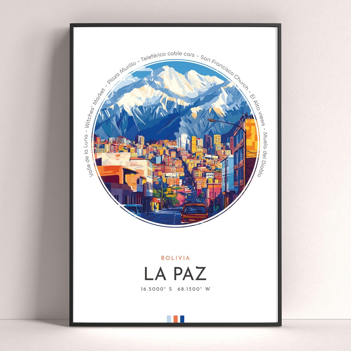 La Paz Bolivia Mountain City Street Snowy Peak View Travel Poster