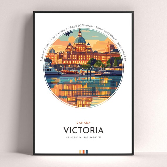 Victoria Canada Harbour Sunset Skyline Vintage Travel Poster