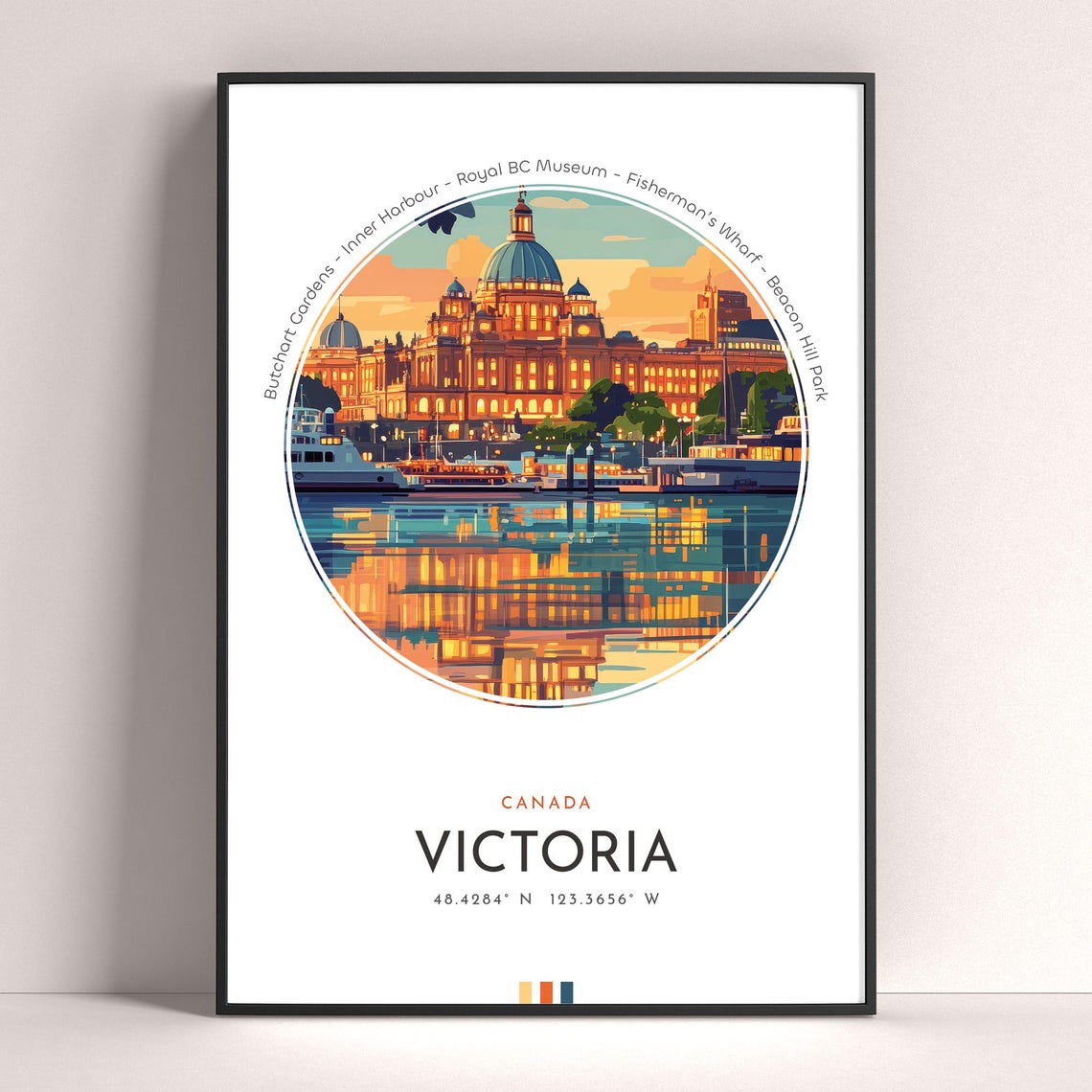 Victoria Canada Harbour Sunset Skyline Vintage Travel Poster
