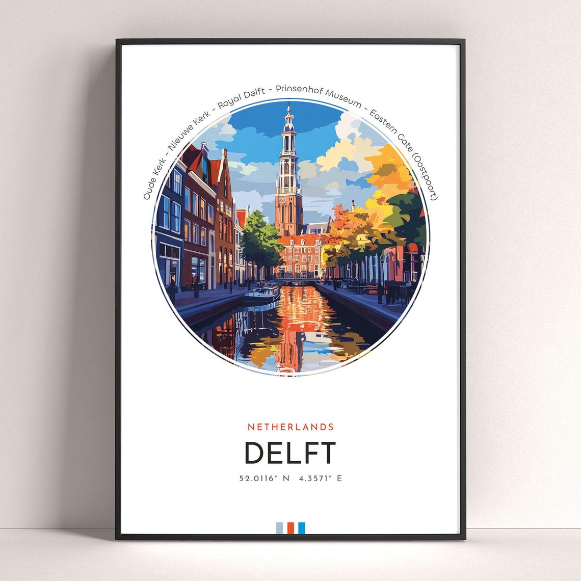 Delft Netherlands Canal Church Autumn Reflection Vintage Poster