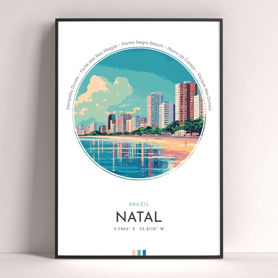 Natal Brazil Beachfront Cityscape Sunset Vintage Travel Poster