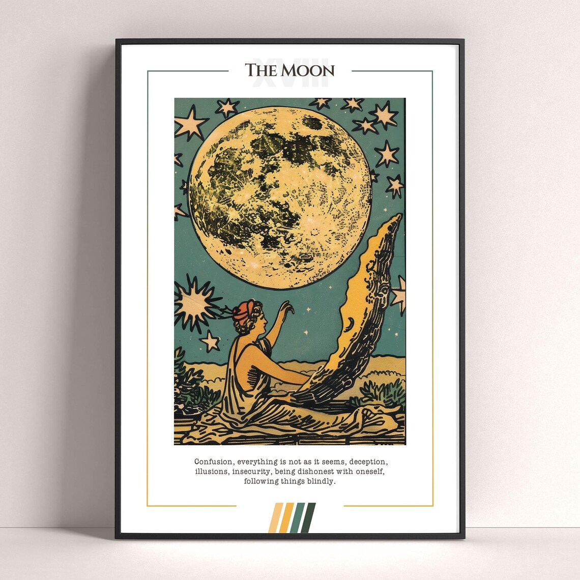 The Moon XVIII Tarot Card Woman and Crescent Moon Vintage Poster