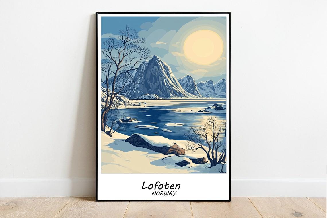 Lofoten Winter Travel Print Lofoten Islands Wall Art Lofoten Islands Home Decor Lofoten Islands Illustration Norway Travel Poster - Image 3