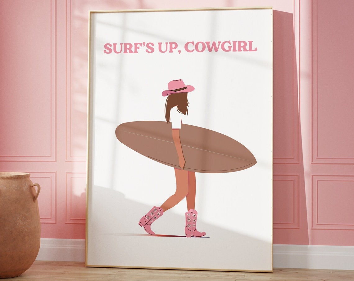 Surfs Up Cowgirl With Surfboard Coastal Western Pop Art Poster