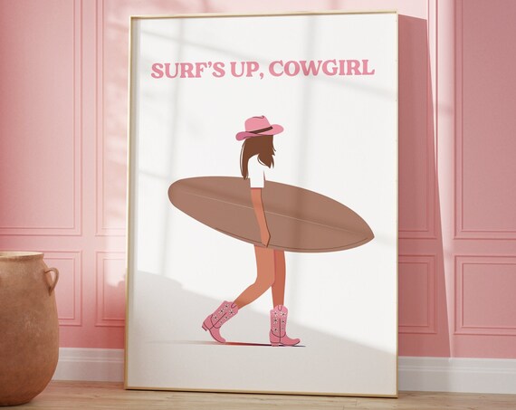 Surfs Up Cowgirl With Surfboard Coastal Western Pop Art Poster