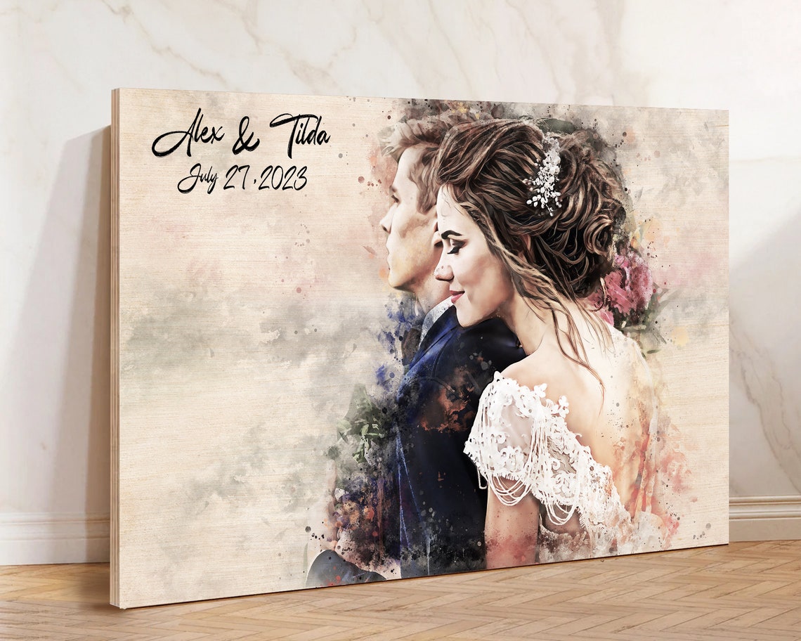 Custom Watercolor Wedding Couple Portrait on Rustic Wood Wall Art - Image 2