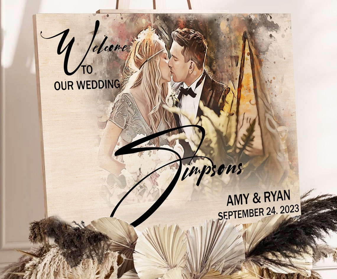 Custom Wedding Welcome Sign Couple Portrait Names Date Poster - Image 2