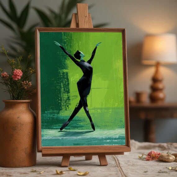 Graceful Dancer Pose Black Silhouette on Green Modern Art Print