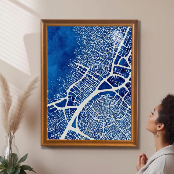 Abstract Blue City Map Art Print Wood Framed Wall Decor