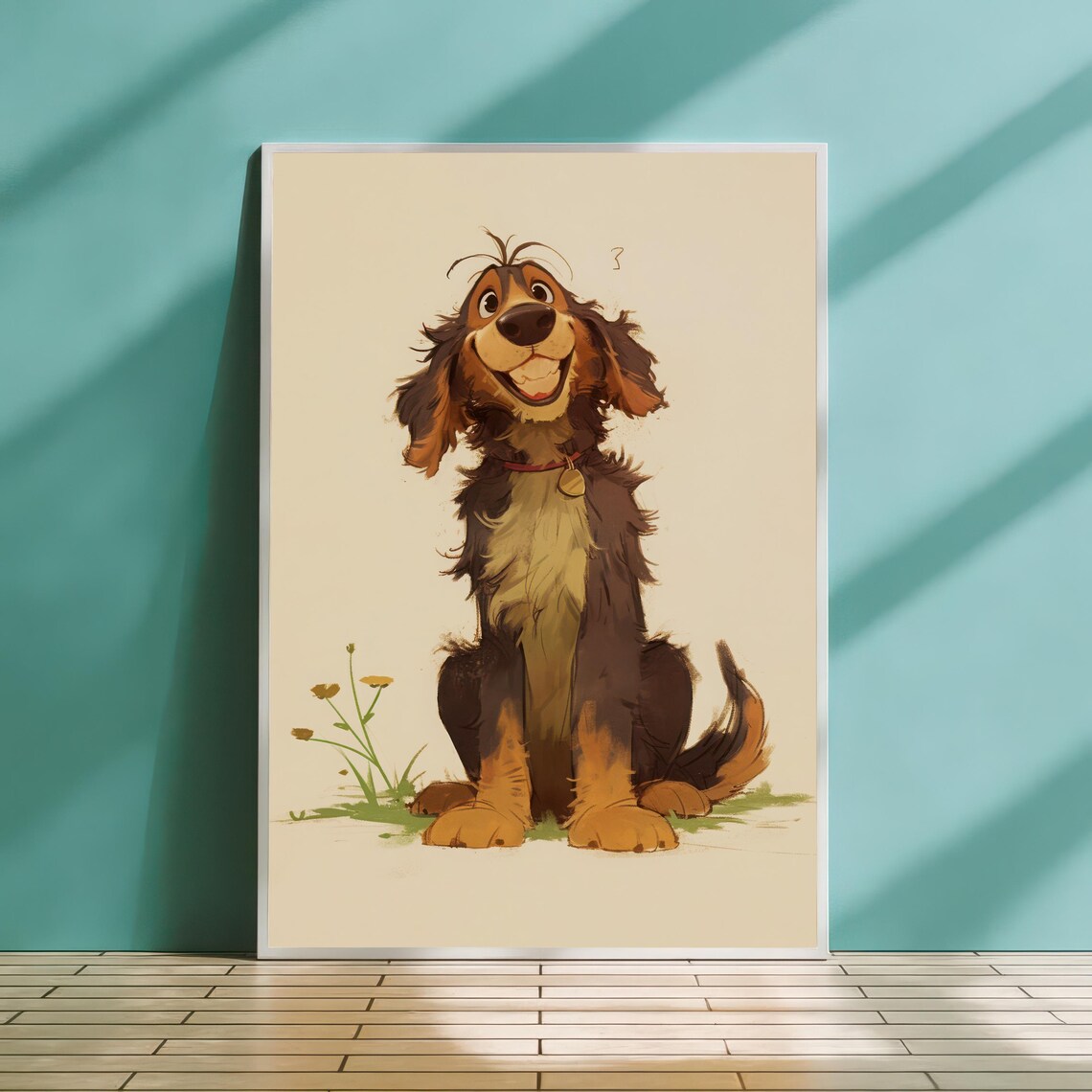 Joyful Shaggy Dog Cartoon Portrait Smiling Puppy Nursery Wall Art