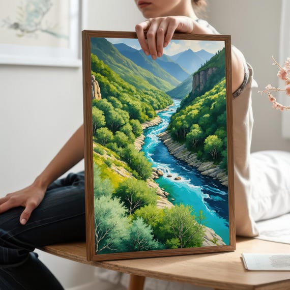 Majestic Mountain River Art Lush Green Valley Landscape Wall Print Vibrant Nature For Adventure Lovers