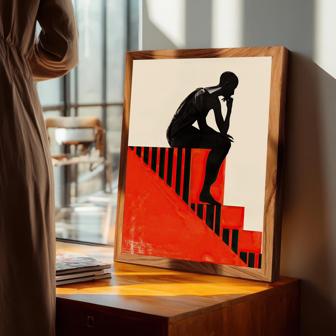 Pensive Thinker Silhouette on Red Stairs Minimalist Art Print