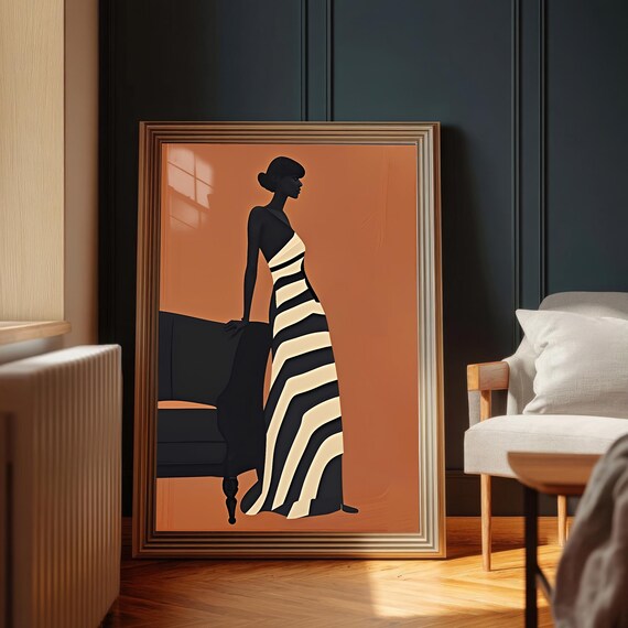 Striped Dress Silhouette Art Woman Modern Figure Minimalist Fashion Wall Decor Home