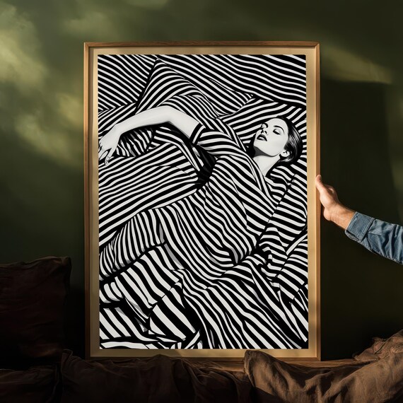 Hypnotic Striped Figure Art Black White Optical Illusion Print Modern Abstract Female Lady Wall