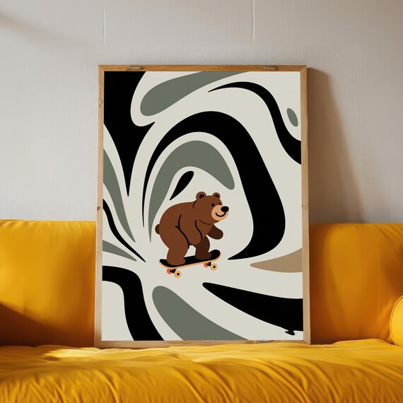 Cool Skater Bear Art Print Playful Animal Skateboard Unique Modern Kids Room Decor Fun Nursery Wall