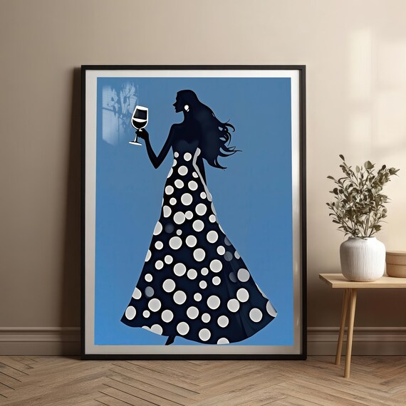 Lady With Wine Glass Polka Dot Dress Silhouette Elegant Fashion Art Poster